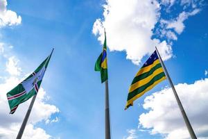 Goiania, Goias, Brazil, 2019 - Flags of the city of Goiania, state of goias and the Federative Republic of Brazil photo