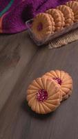 Top view of Sweet jam biscuits. Sandwich biscuits or Cream biscuits isolated. photo