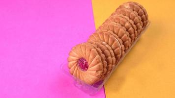 Top view of Sweet jam biscuits. Sandwich biscuits or Cream biscuits isolated. photo