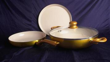 Pots and pans. Set of cooking kitchen utensils and cookware. photo
