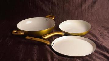 Pots and pans. Set of cooking kitchen utensils and cookware. photo