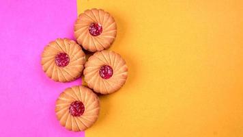 Top view of Sweet jam biscuits. Sandwich biscuits or Cream biscuits isolated. photo