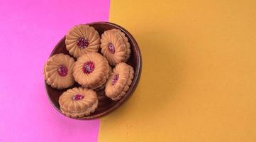 Top view of Sweet jam biscuits. Sandwich biscuits or Cream biscuits isolated. photo