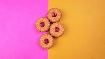 Top view of Sweet jam biscuits. Sandwich biscuits or Cream biscuits isolated. photo
