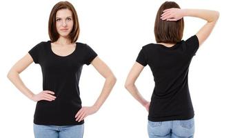 Brunette woman in black tshirt isolated front and rear, mock up photo