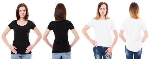 Woman in white t-shirt and brunette girl in black t shirt isolated on white background front and back view, mockup, copy space. photo