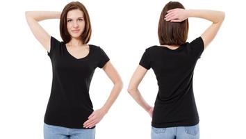 Brunette Girl In Black Tshirt Isolated Front and Rear, Mock Up Copy Space photo