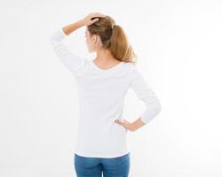 back view of young caucasian, europian woman, girl in blank white t-shirt. t shirt design and people concept. Shirts front view isolated on white background. Mock up. Copy space. photo