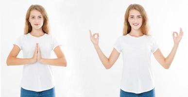Collage of woman with calm and relaxed expression, standing in yoga pose with spreaded arms.Set of close-up of hands of pretty girl in t-shirt , meditating indoors, focus on arms.Copy space