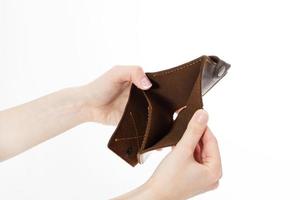 Female hand with an empty wallet isolated on white background, Bankruptcy photo