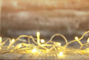 wood table and blur abstract bokeh light background photo