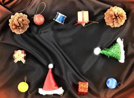 Christmas background decorations .happy new year concept on silk . Top view photo