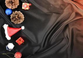 Christmas background decorations .happy new year concept on silk . Top view photo