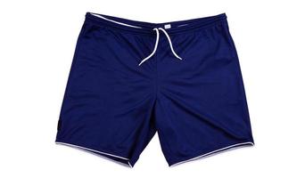 pantalones cortos deportivos azul oscuro aislados en blanco, pantalones cortos para correr de cerca. foto
