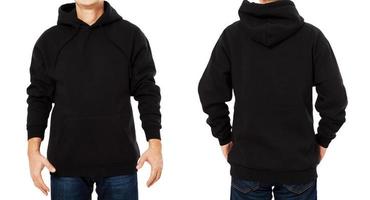 Man hoody set, black hoody front and back view, hood mock up. Empty male hoody copy space. Front and rear background photo