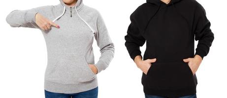 Woman and man in hoodie mock up isolated on white background copy space template. Empty sweatshirt blank template photo