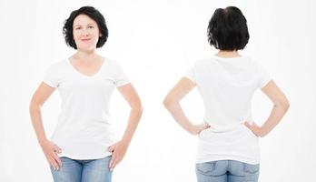 Front and back views of middle age woman in t shirt on white background. Collage or set. Mock up for design. Copy space. Template. Blank photo