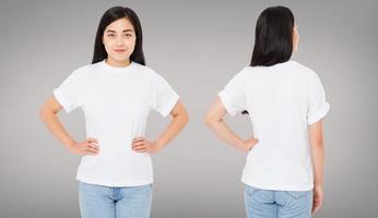 asian,korean,chinese woman front back views in tshirt isolated on gray background,template,blank photo