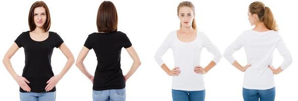 T-shirt set. Front and back view Brunette and Blonde in white and black t shirt isolated. Two girl in blank shirt, Mock up, Collage, Copy space, Template photo