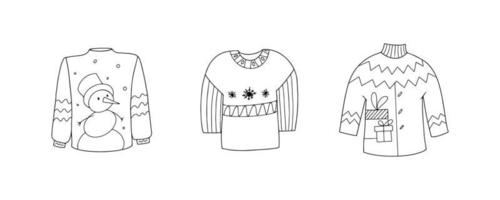 Conjunto de suéter feo dibujado a mano. colección de suéteres de invierno lineales en blanco y negro para las vacaciones. ilustración vectorial doodle vector
