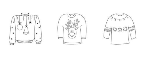 Hand drawn Ugly Sweater set. Collection of linear black and white winter sweaters for the holiday. Vector doodle illustration