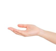 Open white woman's hand, palm up isolated on white background photo