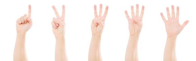 Male hands counting from one to five isolated on white background,copy space,mock up photo