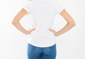 back view woman, girl in blank white t-shirt. t shirt design and people concept. Shirts front view isolated on white background, mock up, copy space photo