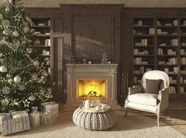 El árbol de Navidad con juguetes y regalos decoran el interior moderno estilo casa de campo escandinavo. Ilustración de render 3D sala de estar con biblioteca de libros. foto