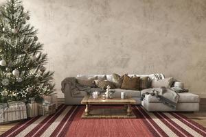 Christmas tree with toys and gifts decorate modern interior scandinavian style. 3d render illustration farmhouse living room. Mock up stucco wall.