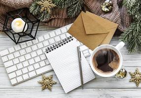 Flat lay Christmas home office photo