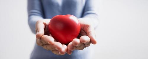 Mano femenina con forma de corazón rojo y dar a otras personas para compartir y amar, donar y un buen concepto de servicio