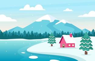 Winter Outdoor Scenery with Cabin and Pine tree vector
