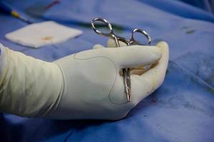Primer plano de la mano del médico sosteniendo unas tijeras con aguja e hilo para operar. foto