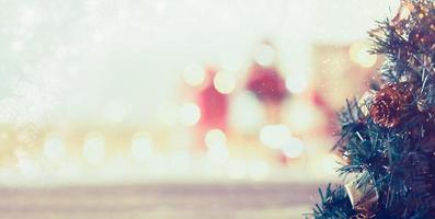 Wooden table and christmas lights background photo