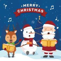 Santa and Reindeer and Snowman Carolling in Christmas vector