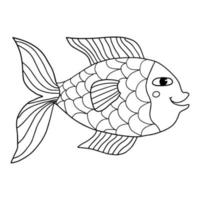 Happy thin line cute cartoon doodle fish. Hand drawn cheerful tropical aquarium animal. Icon isolated on white background. vector