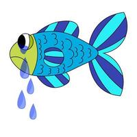 Crying cartoon fish. Dropping the tears from fish's eyes. Sad blue and green fish isolated on white background. vector