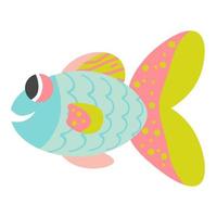 Happy cute blue pink green cartoon fish isolated on white. Funny textured tropical underwater animal. vector