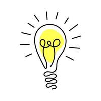 Continuous one line drawing light bulb with yellow light. vector