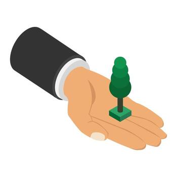 árbol en mano isométrico vector