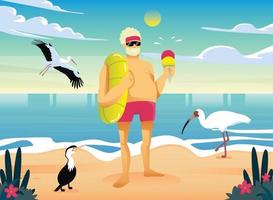 Summer beach concept. Fat old man eating an ice cream with birds vector design illustration