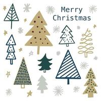 Big set of different simple minimalistic Christmas tree hand drawn childish doodle symbol. Festive New Year, winter holiday design element collection with hand drawn and snowflakes. vector