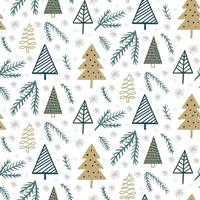 Cute winter season holiday childish seamless pattern with Scandinavian minimalist hand drawn Christmas tree doodle, fine tree branch, snowflakes. Beautiful New Year children background design vector