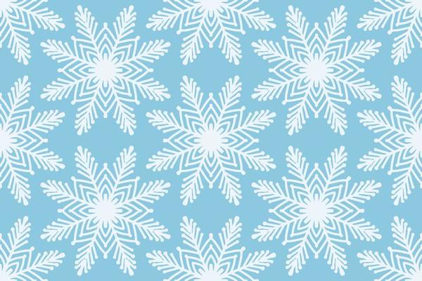 Cute winter season seamless pattern background with snowflake icon on bright blue. Geometric ornament print, Christmas, New Year textile design