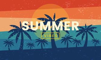 Retro summer vibes banner. Exotic silhouette palm and beach background vector