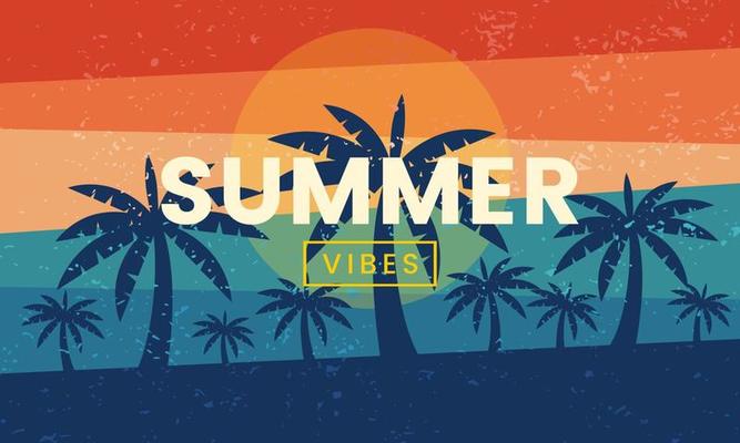 Retro summer vibes banner. Exotic silhouette palm and beach background