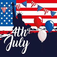 4th of july with liberty statue and balloons vector