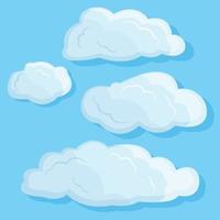 Set of cartoon clouds. Vector white clouds isolated on blue sky. Flat simple illustration.