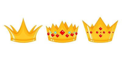 Set of cartoon crowns. Vector gold crowns isolated on white. Flat simple illustration.